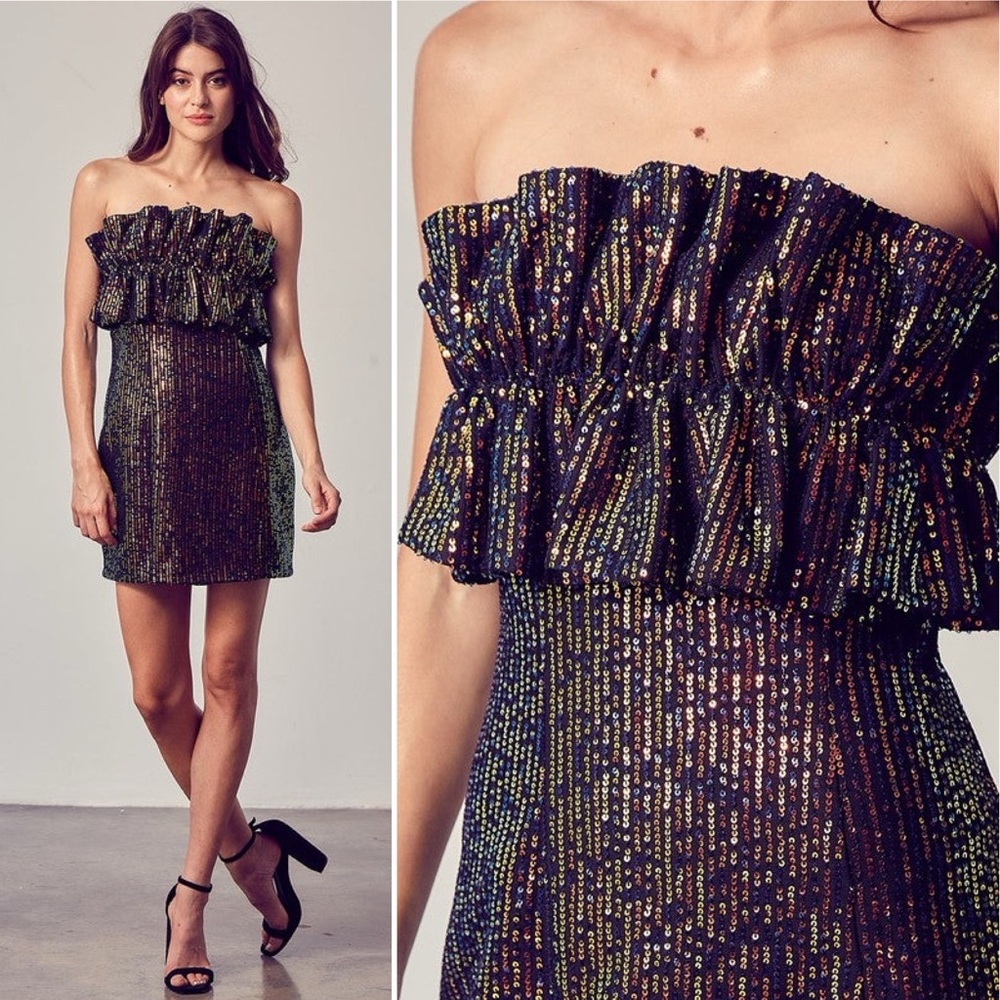 Thirty Thirty‎ LA Strapless Sequin Multi-Color Ruffle Dress Size Small
